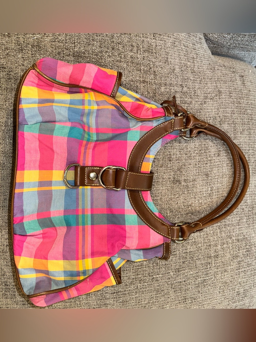 Chaps Multicolor Plaid Shoulder Bag with Brown Leather Handles